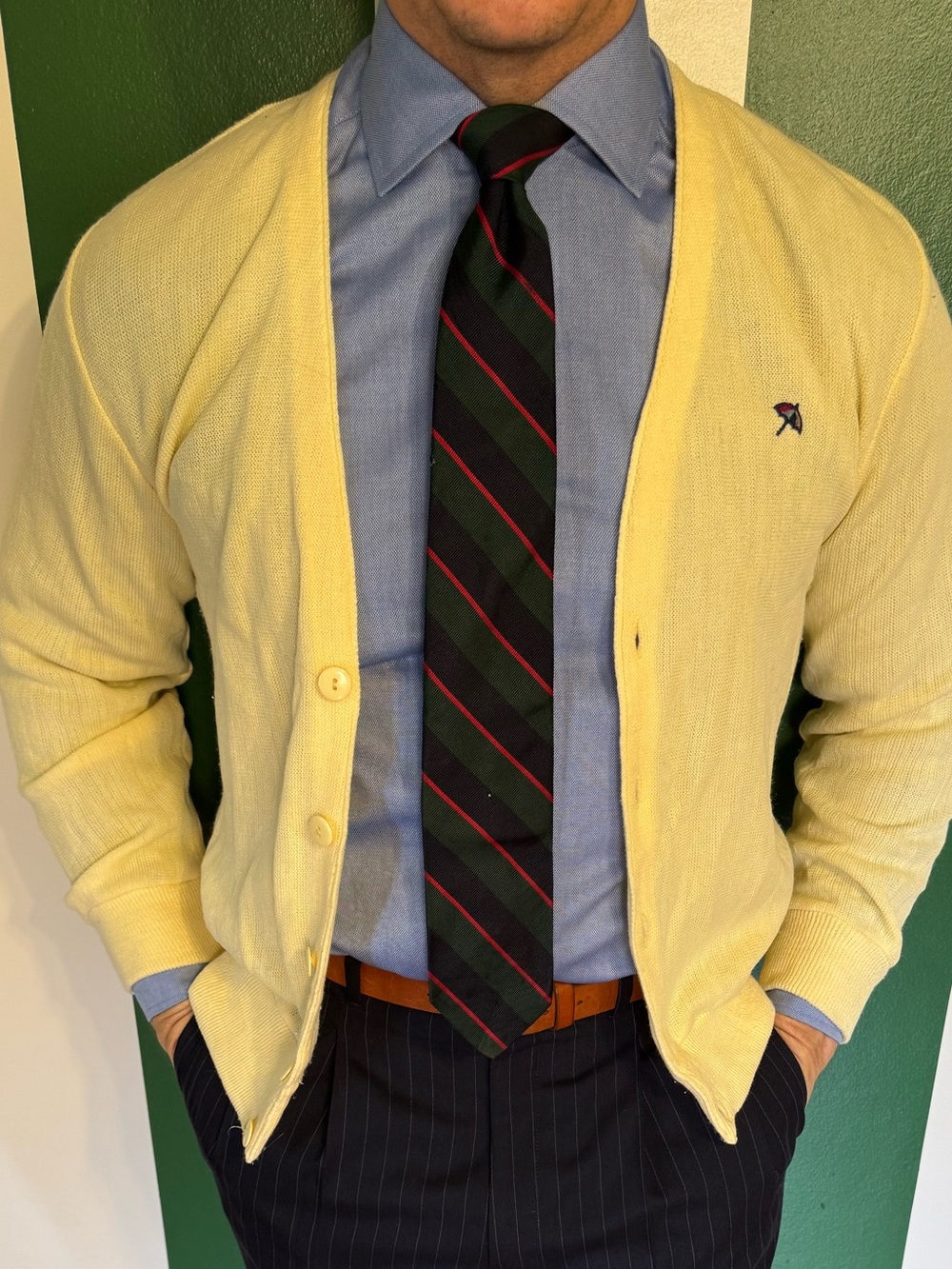 Vintage Arnold Palmer Yellow Men's Cardigan with Embroidered Logo